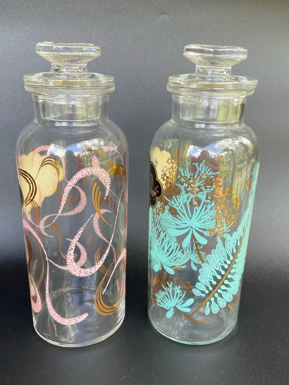 2 Vintage Glass Bubble Bath Bottles  Jars Pink Blue Gold Cloud 9 MCM Lids Labels